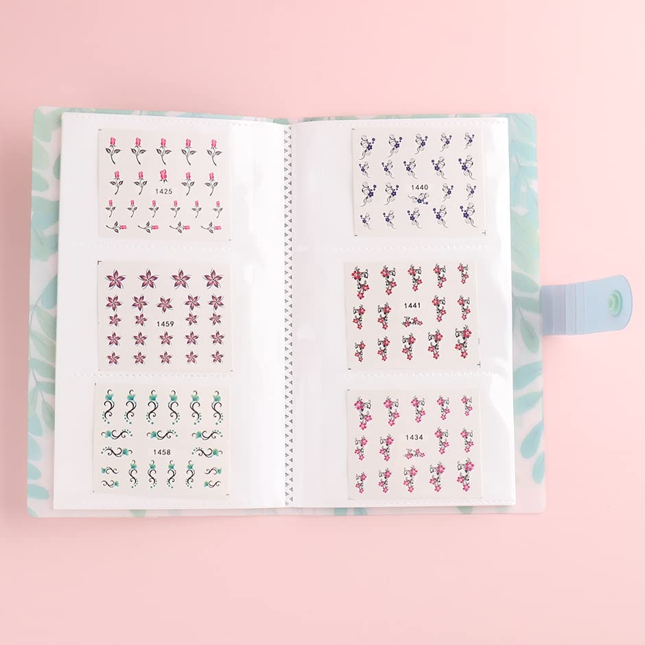 120 Slots Nail Stickers Storage Book Collecting Water Sliders Nail Art Decals Storage Organizer Package Plastic Green Leaf Cover Empty Storage Holder Nail Art Display Showing Manicure Accessories