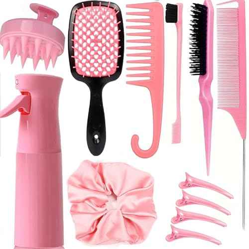 12 Pcs Hair Brush Set with Hair Spray Bottle for Toddlers, Women, Detangling Brush for Wet Dry Curly Hair, Edge Bristles Wide Tooth Rat Tail Combs for Baby Girls (pink)