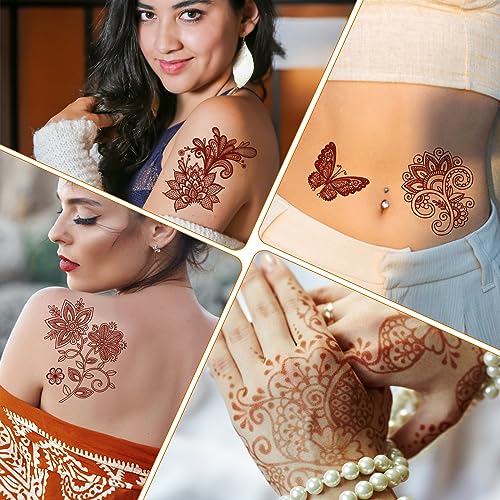 AHIER Temporary Tattoos for Women, 6 Sheets Henna Stickers, Waterproof Red Henna Tattoo Stickers for Women