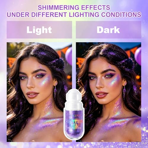 2PCS Purple Roll-On Body & Face Glitter Gel for Face Hair and Body, Holographic Makeup