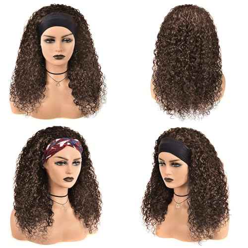 Chocolate Brown Deep Wave Headband Wig Human Hair #4 Colored Curly Headband Wigs for Black Women Human Hair Glueless None Lace Front Wigs Brazilian Virgin Hair Wig Machine Made 150% Density 16 Inch