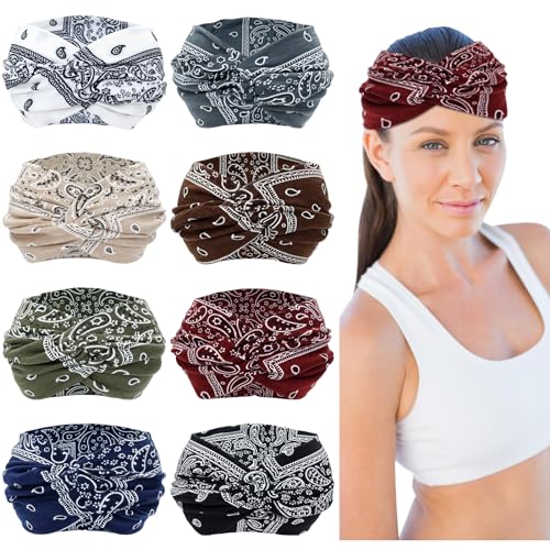 Dizila 8 Pieces Solid Plain 18cm/7" Wide Headbands for Women, Criss Cross Knotted Wide Turban Headbands Sports Gym Yoga Stretchy Headwraps Head Scarf Hair Bands Accessories for Women Girls