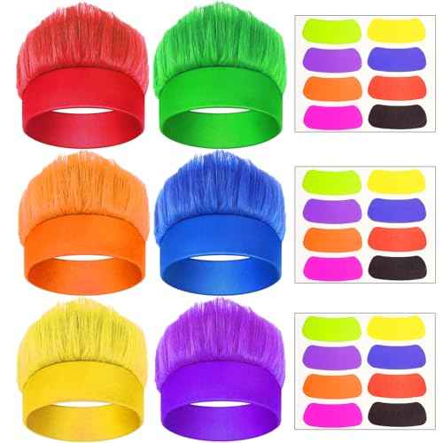 6Pcs Hairy Headbands Flowy Troll Crazy Hair & Stickers - Spirit Week Accessories Cheering Headwear Costume Adult (Mixed Colors)