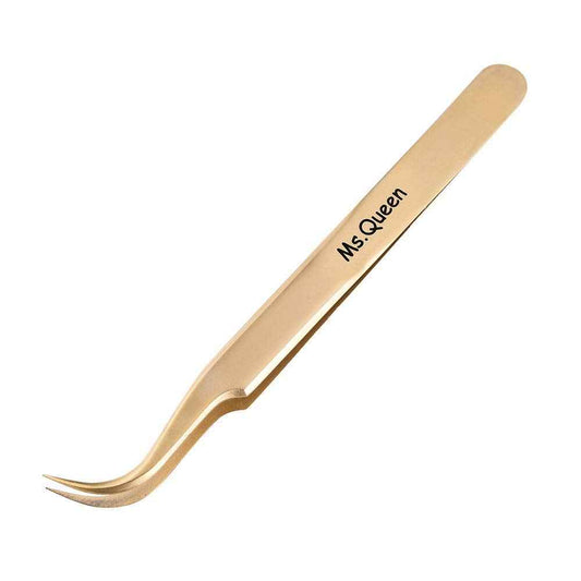 Ms.Queen Eyelash Extension Tweezers-Precision Tweezers for 2D-6D Volume&Individual False Lashes Extensions-Golden-Curved Tweezers
