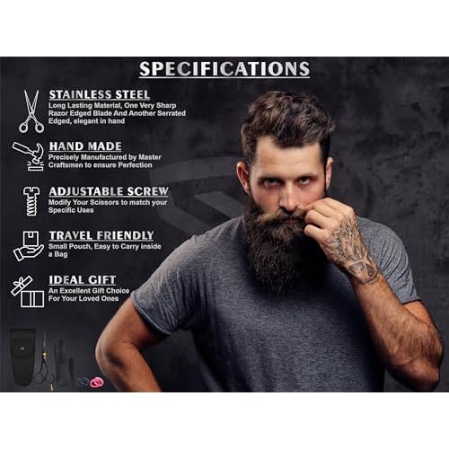 Professional Mustache Scissors 5 Inch, Razor Edged and Serrated, Beard Comb, Mustache Comb, Pouch -Beard Trimming Scissors for All Facial Hair? Grooming Scissors