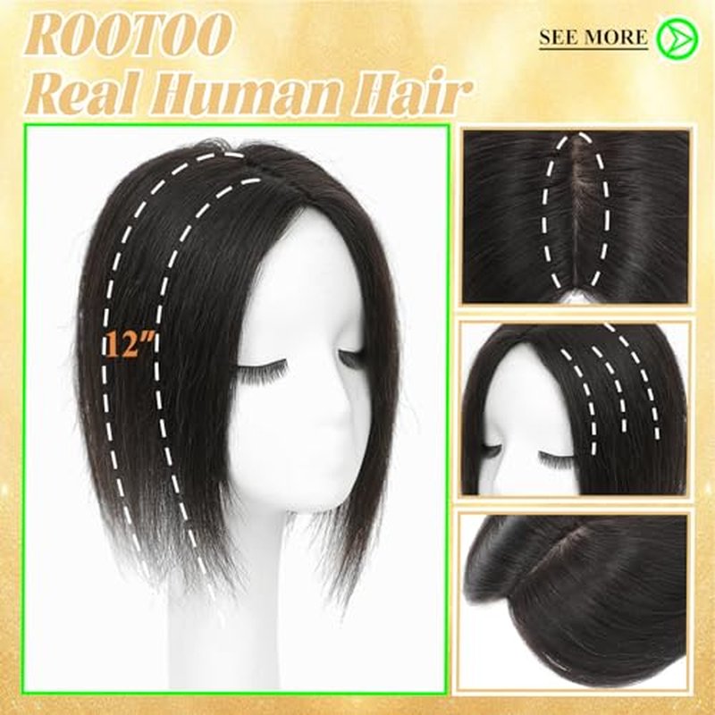 Rootoo Hair Topper 12" Human Hair Black | Thinning Hair Coverage