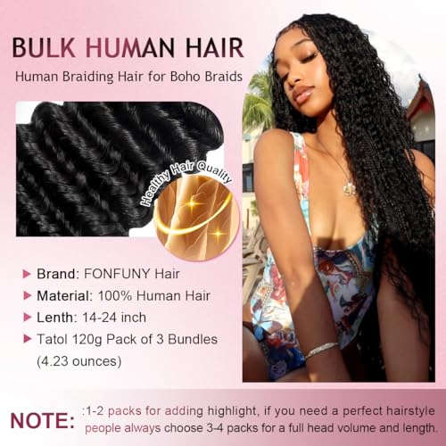 FONFUNY Human Braiding Hair 120g Boho Deep Wave 14 Inch Curly No Weft for Knotless & Bohemian Styles