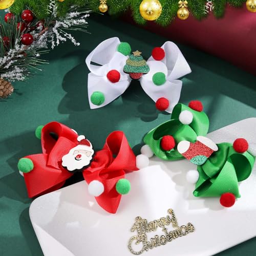 Christmas Hair Bows for Girls, Red Green White Christmas Bows Glitter Christmas Tree Santa Claus Christmas Boots Hair Clips Hair Accessories for Toddlers Kids Women Christmas Party (Christmas Bows-A)