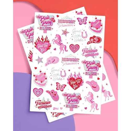 xo, Fetti Pink Pony Club Temporary Tattoos - 54 Iridescent Foil Pcs | Cowgirl Bachelorette Party, Valentine's Day Favors, Birthday Accessory, Galentine's Bach Activity