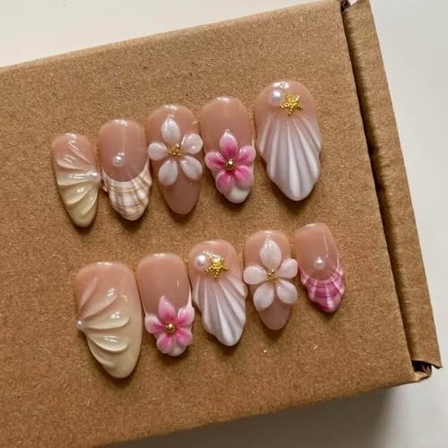 MAGLFELL S Size Press On Nails - 3D Almond French Fake Nails, Reusable Thick Acrylic Gel Manicure Kit