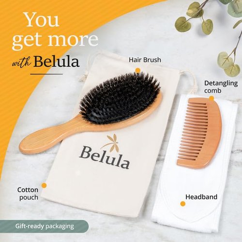 100% Boar Bristle Hair Brush for Women Set by Belula (L Size). Soft Natural Bristles for Thin and Fine Hair. Wooden Comb, Travel Bag and Spa Headband Included!