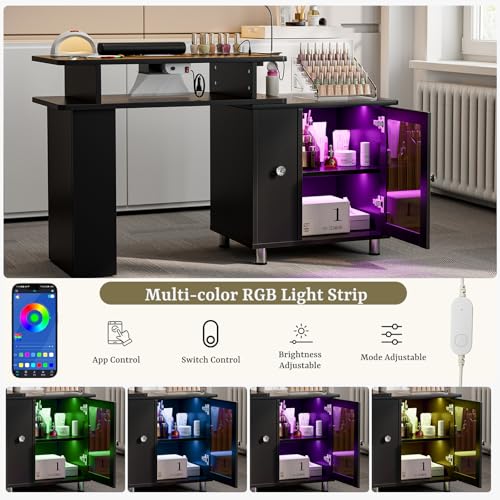 Black Manicure Table with LED Light & Lamp, Nail Tech Desk, Professional Salon Furniture