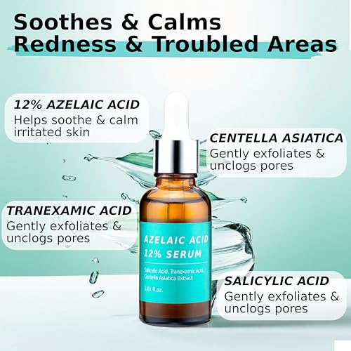 Azelaic Topical Acid 12% Serum for Face ? Dark Spot Remover with Tranexamic Acid, Salicylic Acid, Niacinamide & Centella Asiatica ? Acne, Hyperpigmentation & Rosacea Treatment 1 Oz Korean Skincare