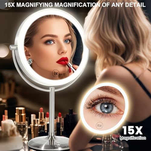 VESAUR 1X15X HD Lighted Makeup Mirror, 9" Large 5000mAh Rechargeable Double Sided Magnifying Mirror with 3 Touch Dimmable Light, 360¡ÆRotation Detachable for Travel Vanity Mirror, Pearl Nickel, Gifts