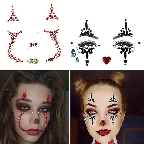 Halloween Clown Face Gems Jewels, Day of the Dead Rhinestone Face Jewels Temporary Skull Tattoos for Women Halloween Makeup Costume