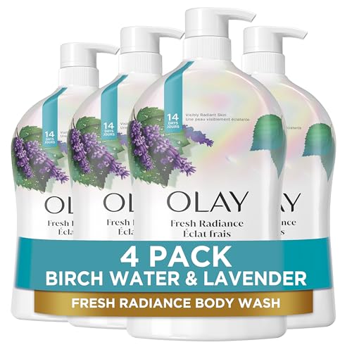Olay Body Wash for Women, Fresh Radiance, Refreshing & Renewing, Made with Plant Based Cleansers, B3 Botanical Complex, For All Skin Types, Birch Water & Lavender Scent, 33 fl oz (Pack of 4)
