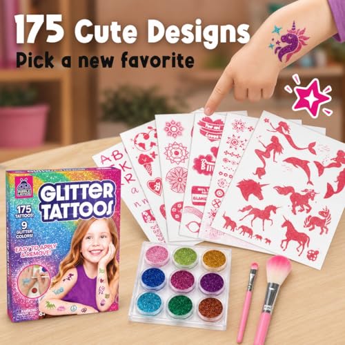 Glitter Tattoo Kit for Kids - 175 Designs, 9 Colors