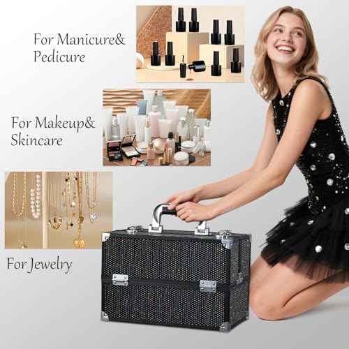 Stagiant 12.6 Inch Large Makeup Train Case, Professional 4 Trays Cosmetic Cases Makeup Storage Organizer Box Beauty Make Up Box with Lock&Adjustable Compartments for Nail, Accessories, Skincare, Black