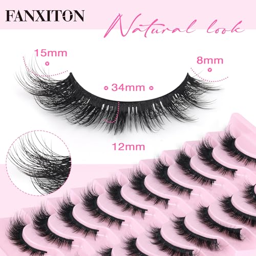 False Eyelashes Cat-Eye Look Wispy Lashes 15mm 3D Manga Lashes Natural Look D Curl 10 Pairs Pack Faux Mink Lashes