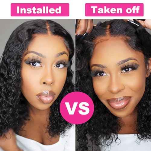 Wear and Go Glueless Wig Bob Wig Human Hair Glueless Wigs Human Hair Pre Plucked Pre-Cut for Beginners 180% Density Deep Wave Curly Lace Front Wig 16 Inch Natural Black
