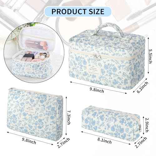 senbowe Floral Makeup Bag, 3 Pack Large Cotton Quilted Makeup Bag Set, Cute Floral Coquette Aesthetic Toiletry Bag Make Up Cosmetic Bag for Women, Toiletry Travel Make Up Organizer Bag