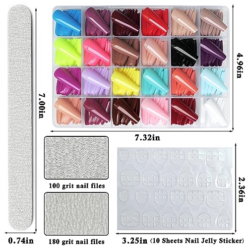 Lifextol Coffin Press on Nails Long, 576pc Colored Fake Nails Medium Length Press on Nail Coffin Full Cover Acrylic Tips Presson Artificial Fingernails Glue Tab False Nail for Women Girls Kids