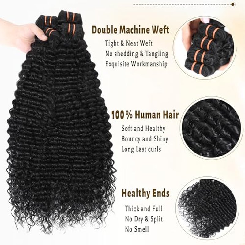 16A Deep Wave Human Hair Bundles - Brazilian Virgin Hair Extensions, Natural Black (20, 22, 24 Inch)