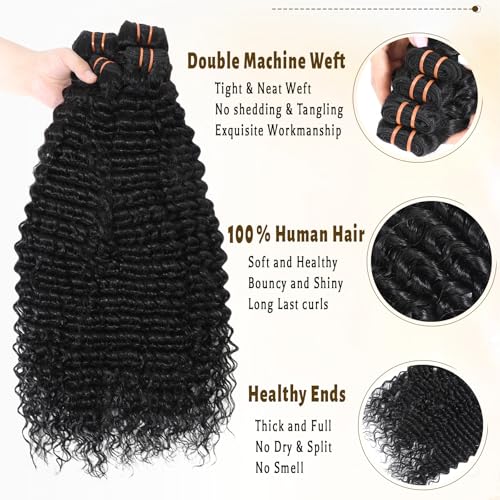 QPUCK Deep Wave Human Hair Bundles Natural Black 20/22/24 Inch - Soft & Long-lasting Virgin Brazilian Hair Extensions