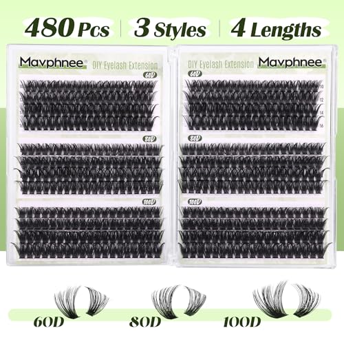 D-Curly Cluster Eyelash Extensions 480Pcs Volume Lash Extensions DIY Eyelash Extensions for Beginners Wispy Eyelash Clusters Natural Full Thick Individual Lashes Clusters (60D 80D 100D Mixed, 10-16MM)