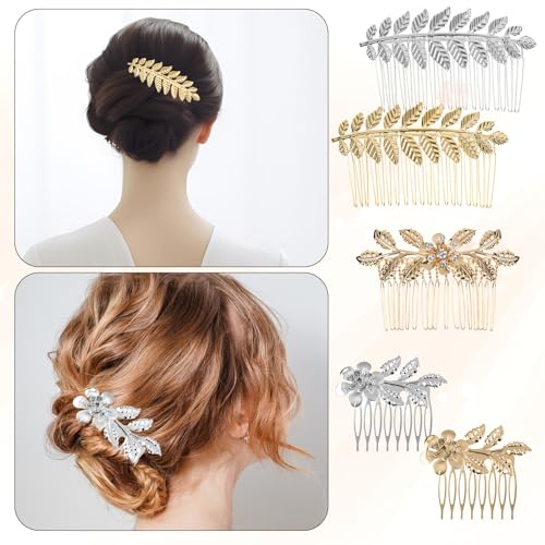 5Pcs Leaf Hair Combs with Rhinestones Gold Silver