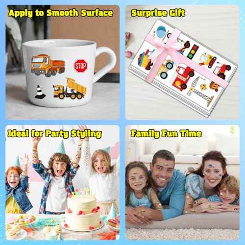 10 Sheets Construction Trucks Temporary Tattoo for Kids, 120 Pcs Vehicles Fake Tattoos for Boys Party Favors, Cars Birthday Supplies Decorations
