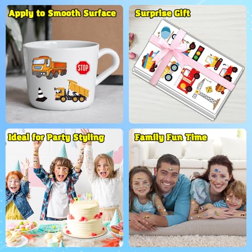Kids Construction Trucks Temporary Tattoos - 120 Waterproof Vehicle Stickers for Birthday Party Favors