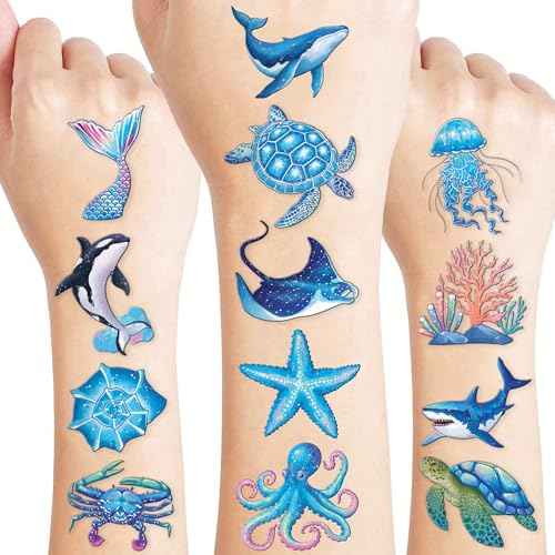 96 PCS Ocean Sea Animal Shark Whale Fish Pre-Cut Temporary Tattoos for Kids | Super Cute Themed Birthday Party Favors, Supplies, Decorations, Fake Tattoo Stickers (Multiple)