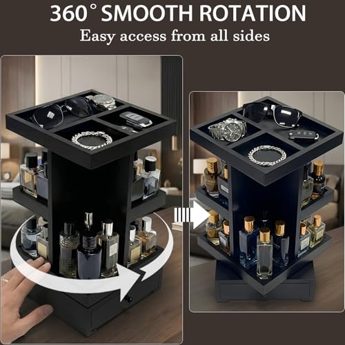 4-Tier Rotating Cologne Organizer with Drawer for Men, Large Capacity Perfume Organizer, Mens Gifts & Desktop Accessories Stand - Spacious for Bottles & Men's Essentials Storage, Modern Black