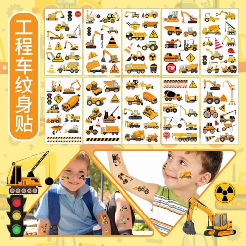 10 Sheets Cartoon Car Temporary Tattoos - Mixed Vehicles