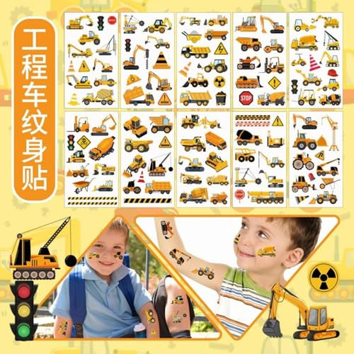 10 Sheets Cartoon Car Temporary Tattoos - Mixed Vehicles
