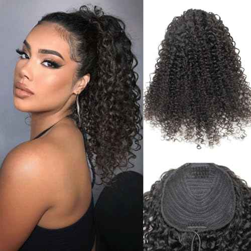 Ponytail Extension Human Hair Curly Ponytail Extension for Black Women Long Afro Puffs Hair Buns Drawstring Ponytail Human Hair (14 Inch #1B Natural Black)