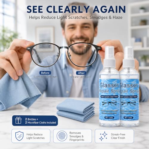 Eyeglass Scratch Repair Spray, 2 Bottles with Microfiber Cloths