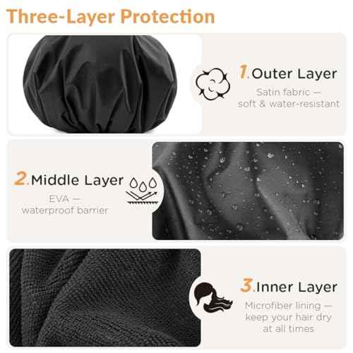 Shower Cap for Women, 2-in-1 Reusable Waterproof Shower Cap with Terry Cloth Lining, Bath Cap for Long Curly Thick Hair(Black)