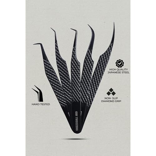 GMI Lash Tweezers - Set of 5 Eyelash Tweezers- Stainless Steel Eyelash Extension Tweezers - Multipurpose Lash Tweezers T2233 Tweezer