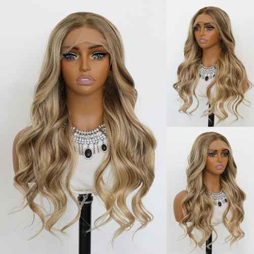 Ombre Blonde Wavy 13¡¿4 Lace Front Wigs Mixed Brown and Blonde Color Ombre Lace Front Synthetic Wig Heat-resistant Fibre Wig For Daily party Use£¨24Inch£©