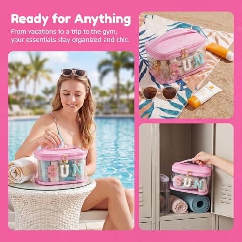 Clear Waterproof Makeup Bag with Letter Patches - Sunscreen Travel Pouch