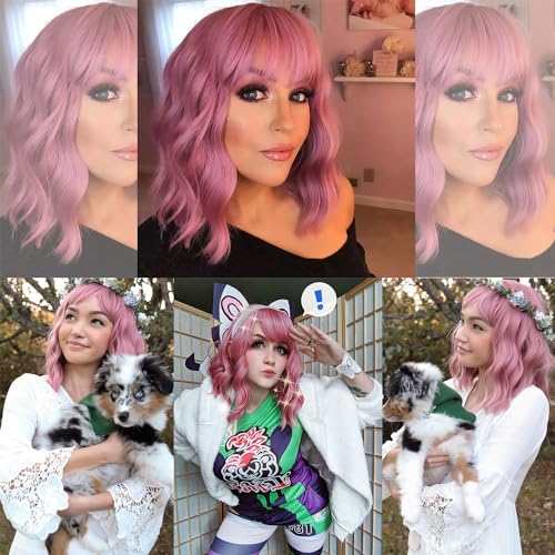 VCKOVCKO Pastel Wavy Wig With Air Bangs Women's Short Bob Purple Pink Curly Shoulder Length Bob Synthetic Daily Use Colorful Cosplay Wig for Girls (12", Purple Pink)