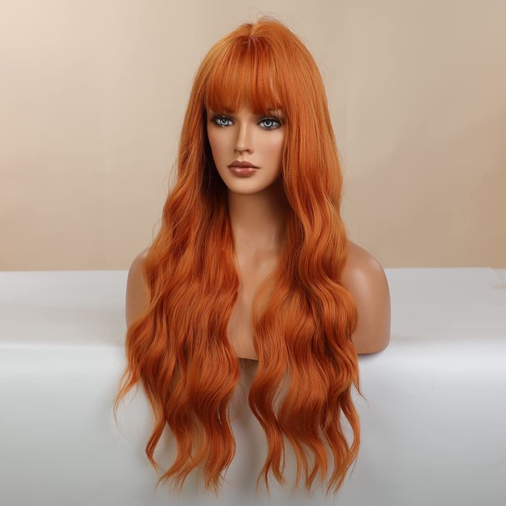 LANOVA Orange Wigs with Bangs, Halloween Wigs for Women, Long Curly Cosplay Wig, Synthetic Wig Orange Hair Wig 24 inch LANOVA-157