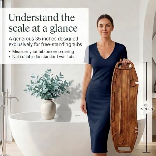 Premium Acacia Wood Bathtub Tray 35in – Freestanding Caddy with Adjustable Legs, Waterproof, Non-Toxic