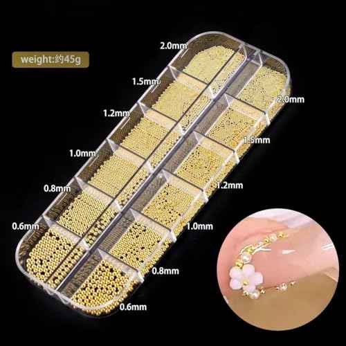 0.8mm Gold Nail Charms Caviar Beads for Nails 6 Sizes Mini Small Stainless Steel Beads Nails Art Decorations Gun Grey DIY Tool Nail Studs Accessories Gold Charms for Nails (Light Gold)