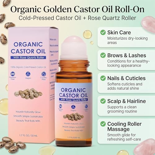 Organic Castor Oil with Rose Quartz Roller for Skin & Hair Care