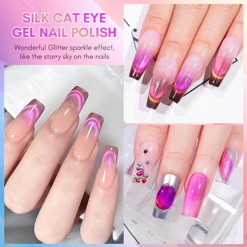 Makartt Holographic Cat Eye Gel Nail Polish with Magnet Stick 9D Glitter Nail Gel Soak Off Double Flashes Effect Dopamine Gel Nail Polish Manicure Home DIY Gift(Violet Garden)