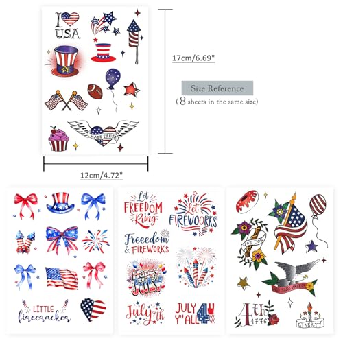 Roarhowl 70 Piece Independence Day Temporary Tattoo Set, Fourth of July US Flag Tattoos, Red White Blue, Adults and Children happy 4th of july tattoos