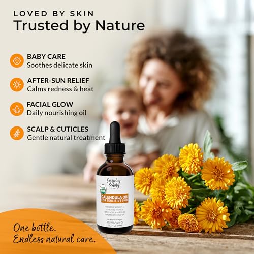 Organic Calendula Oil For Sensitive Skin - USDA Certified 100% Plant Based, Lightweight & Unscented Gentle Soothing Oil For Sensitive Skin - For Face, Skin & All Over - 2.02 Fl Oz Glass & Dropper
